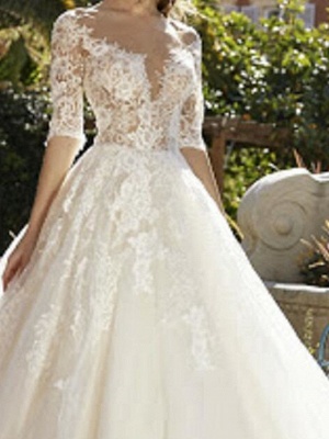 Ball Gown V Neck Sweep \ Brush Train Tulle Polyester Half Sleeve Country Plus Size Wedding Dresses_2