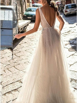 A-Line Wedding Dresses V Neck Floor Length Tulle Regular Straps Boho Illusion Detail Plus Size Backless_2