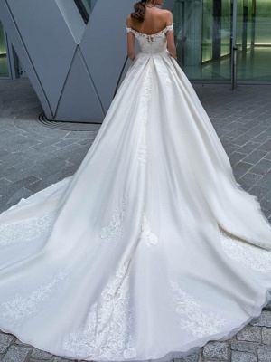 A-Line Wedding Dresses Off Shoulder Court Train Polyester Short Sleeve Country Glamorous Illusion Detail_2