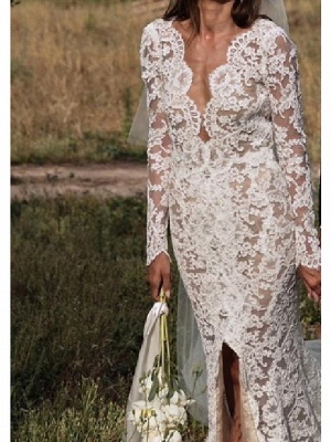 A-Line V Neck Sweep \ Brush Train Lace Long Sleeve Sexy Plus Size Wedding Dresses_2