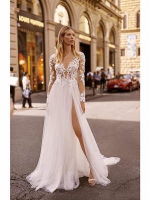 A-Line Wedding Dresses V Neck Court Train Lace Long Sleeve Country Formal Casual Illusion Sleeve_1
