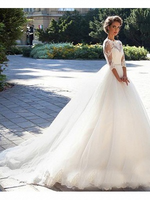 A-Line Wedding Dresses Off Shoulder Court Train Lace 3\4 Length Sleeve Casual Beach Vintage Illusion Sleeve_1