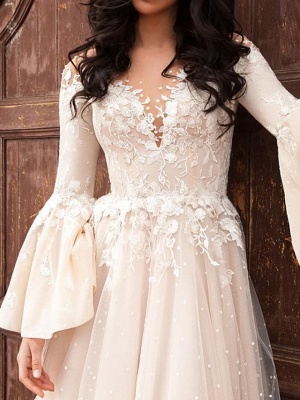 A-Line Wedding Dresses V Neck Court Train Chiffon Lace Tulle Long Sleeve Formal_3