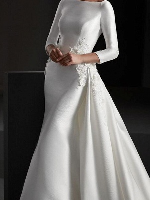 A-Line Wedding Dresses Jewel Neck Sweep \ Brush Train Stretch Satin Long Sleeve Country Plus Size_3