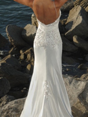 Mermaid \ Trumpet Wedding Dresses V Neck Sweep \ Brush Train Lace Sleeveless Formal Beach_3
