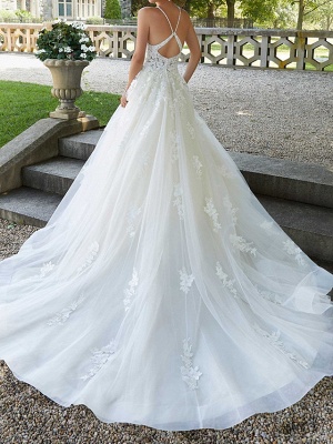 A-Line Spaghetti Strap Court Train Polyester Sleeveless Country Plus Size Wedding Dresses_2