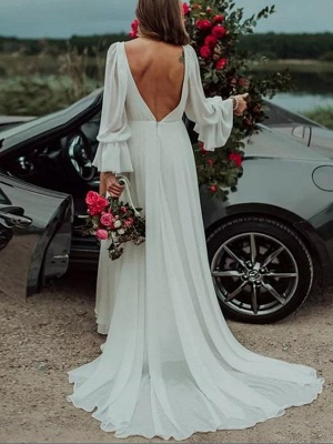 A-Line Wedding Dresses Plunging Neck Sweep \ Brush Train Chiffon Long Sleeve Country Plus Size_2