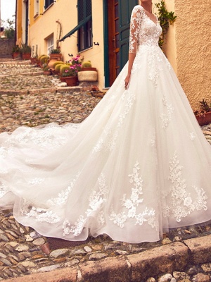 A-Line Jewel Neck Sweep \ Brush Train Lace Tulle 3\4 Length Sleeve Formal Sexy Illusion Sleeve Wedding Dresses_1