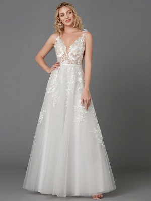 A-Line Wedding Dresses Plunging Neck Floor Length Lace Tulle Sleeveless See-Through_5