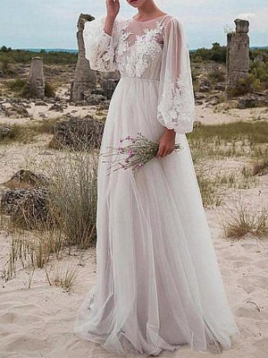A-Line Wedding Dresses Jewel Neck Floor Length Tulle Long Sleeve Romantic Beach Boho See-Through Illusion Sleeve_1