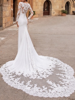Mermaid \ Trumpet V Neck Court Train Lace Stretch Satin Long Sleeve Plus Size Illusion Sleeve Wedding Dresses_2