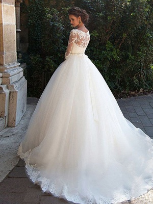 A-Line Wedding Dresses Off Shoulder Court Train Lace Tulle 3\4 Length Sleeve Formal Sexy Illusion Sleeve_2