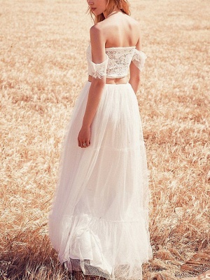 Two Piece Wedding Dresses Off Shoulder Sweep \ Brush Train Tulle Short Sleeve Beach_2