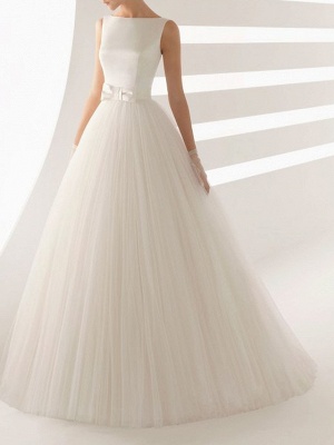Ball Gown Wedding Dresses Bateau Neck Sweep \ Brush Train Satin Tulle Regular Straps Simple Backless_1