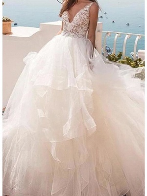Ball Gown Wedding Dresses V Neck Sweep \ Brush Train Lace Tulle Sleeveless Country Sexy See-Through_3