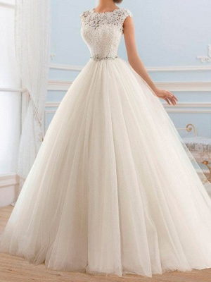 Ball Gown Wedding Dresses Jewel Neck Sweep \ Brush Train Lace Tulle Cap Sleeve Glamorous Vintage Sparkle & Shine Illusion Detail_1