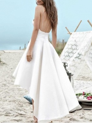 A-Line Wedding Dresses V Neck Spaghetti Strap Asymmetrical Satin Sleeveless Simple Little White Dress 1950s_2