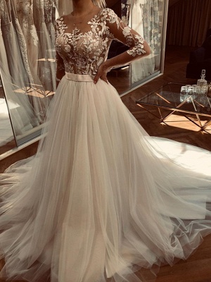 A-Line Wedding Dresses Jewel Neck Sweep \ Brush Train Lace Tulle Long Sleeve Sexy See-Through_1