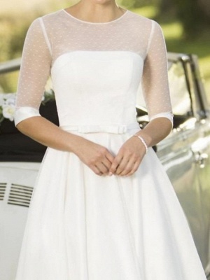 A-Line Wedding Dresses Jewel Neck Tea Length Satin Tulle Half Sleeve Vintage Sexy Wedding Dress in Color_3