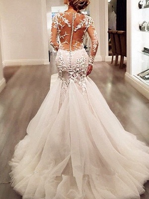 Mermaid \ Trumpet V Neck Sweep \ Brush Train Tulle Long Sleeve Sexy See-Through Backless Illusion Sleeve Wedding Dresses_3