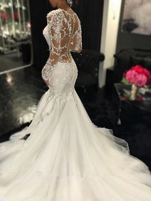 Mermaid \ Trumpet V Neck Sweep \ Brush Train Tulle Long Sleeve Sexy See-Through Backless Illusion Sleeve Wedding Dresses_2