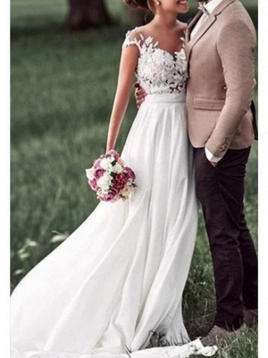 A-Line Wedding Dresses Off Shoulder Sweep \ Brush Train Chiffon Lace Regular Straps Boho_1