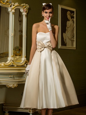 A-Line Wedding Dresses Sweetheart Neckline Tea Length Satin Strapless Casual Vintage Little White Dress Plus Size_6