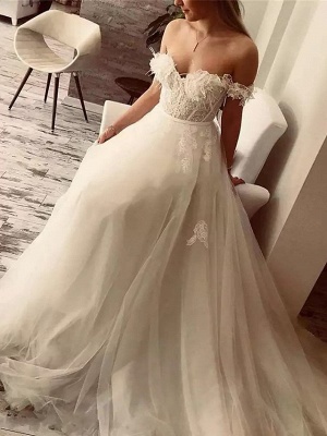 A-Line Wedding Dresses Off Shoulder Sweep \ Brush Train Lace Tulle Short Sleeve Sexy Plus Size_2