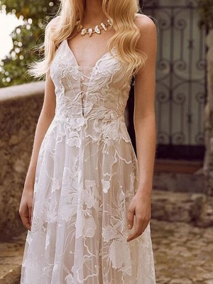 A-Line Wedding Dresses V Neck Sweep \ Brush Train Lace Tulle Sleeveless Country Sexy See-Through_3
