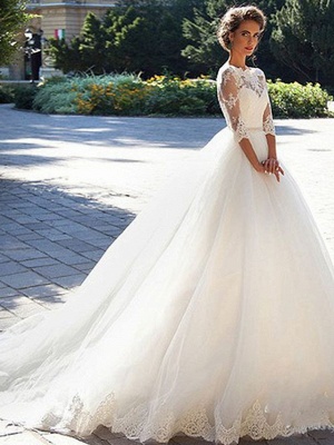 A-Line Wedding Dresses Off Shoulder Court Train Lace Tulle 3\4 Length Sleeve Formal Sexy Illusion Sleeve_1