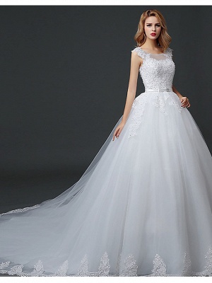 Ball Gown Wedding Dresses Scoop Neck Court Train Lace Tulle Polyester Short Sleeve Romantic_1