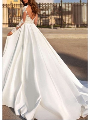 A-Line Wedding Dresses Sweetheart Neckline Sweep \ Brush Train Lace Charmeuse Long Sleeve Glamorous Sexy See-Through Illusion Detail Backless_2