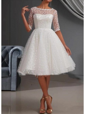 A-Line Wedding Dresses Jewel Neck Knee Length Lace Tulle Short Sleeve Casual Vintage See-Through Cute Illusion Sleeve_1