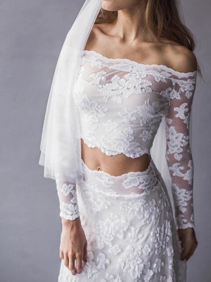 Two Piece Wedding Dresses Off Shoulder Sweep \ Brush Train Lace Long Sleeve Beach Boho Sexy See-Through_3