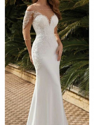 Mermaid \ Trumpet Wedding Dresses Square Neck Sweep \ Brush Train Lace Satin Tulle Half Sleeve Sexy See-Through_2