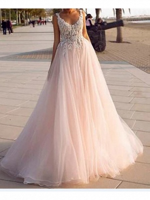 A-Line V Neck Court Train Lace Tulle Sleeveless Country Beach Sexy Wedding Dress in Color Wedding Dresses_1