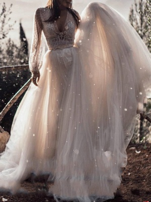A-Line Wedding Dresses V Neck Sweep \ Brush Train Lace Tulle Long Sleeve Boho Sexy See-Through_1