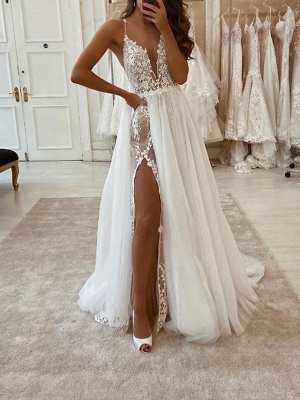 Two Piece A-Line Wedding Dresses V Neck Spaghetti Strap Sweep \ Brush Train Tulle Polyester Sleeveless Country Plus Size_1
