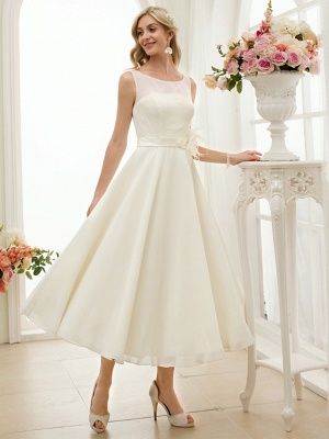 A-Line Wedding Dresses Bateau Neck Tea Length Chiffon Regular Straps Vintage Little White Dress 1950s_6