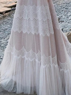 A-Line Wedding Dresses V Neck Spaghetti Strap Sweep \ Brush Train Lace Tulle Half Sleeve Beach Sexy Plus Size_3