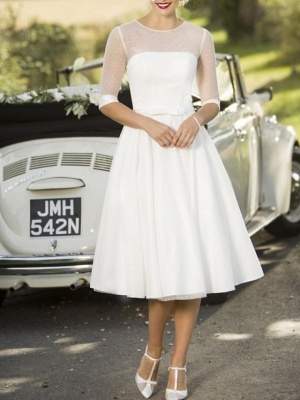 A-Line Wedding Dresses Jewel Neck Tea Length Satin Tulle Half Sleeve Vintage Sexy Wedding Dress in Color_1