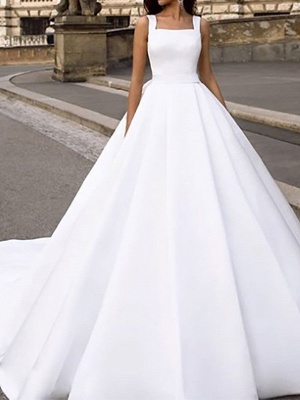 Ball Gown Wedding Dresses Square Neck Court Train Chiffon Over Satin Cap Sleeve Country_1