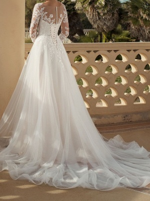 A-Line Wedding Dresses V Neck Sweep \ Brush Train Lace Tulle 3\4 Length Sleeve Country Plus Size_3