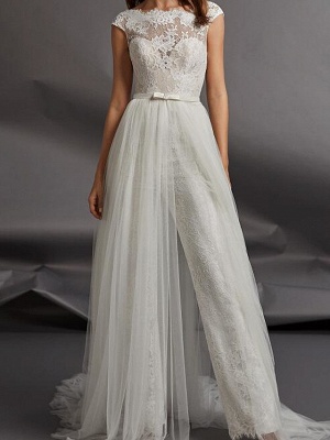 Jumpsuits Wedding Dresses Jewel Neck Floor Length Detachable Lace Tulle Cap Sleeve Country Plus Size_1