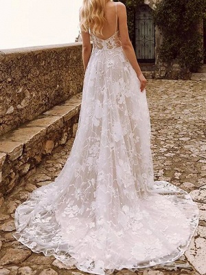 A-Line Wedding Dresses V Neck Sweep \ Brush Train Lace Tulle Sleeveless Country Sexy See-Through_2