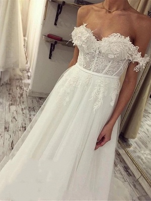 A-Line Wedding Dresses Off Shoulder Sweep \ Brush Train Lace Tulle Short Sleeve Sexy Plus Size_4