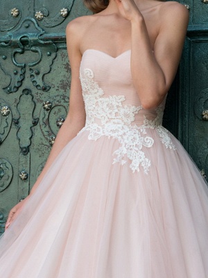 A-Line Wedding Dresses Strapless Sweep \ Brush Train Lace Taffeta Tulle Sleeveless Country Plus Size_4