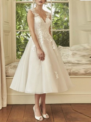 A-Line Wedding Dresses V Neck Midi Lace Tulle Regular Straps Formal Casual Vintage Illusion Detail Backless_1