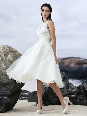 A-Line Wedding Dresses Bateau Neck Knee Length Organza Regular Straps Formal Casual Little White Dress Illusion Detail Backless_7
