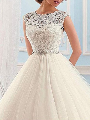 Ball Gown Wedding Dresses Jewel Neck Sweep \ Brush Train Lace Tulle Cap Sleeve Glamorous Vintage Sparkle & Shine Illusion Detail_3